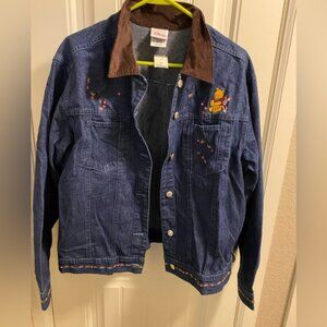 NWT Disney Store L Denim Jacket Winnie Pooh Piglet Embroidered Blue Jeans Coat L